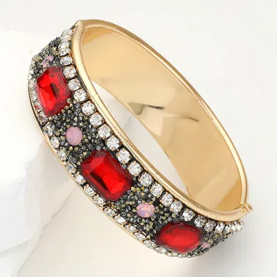 Fashnzfab Sparkly Stone Embellished Hinged Bangle Bracelet Gold, Red In Multi