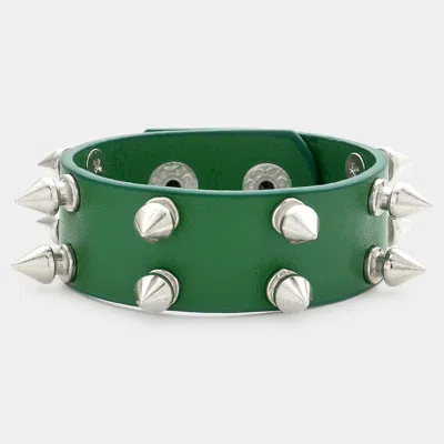 Fashnzfab Spike Cone Studded Faux Leather Bracelet Green