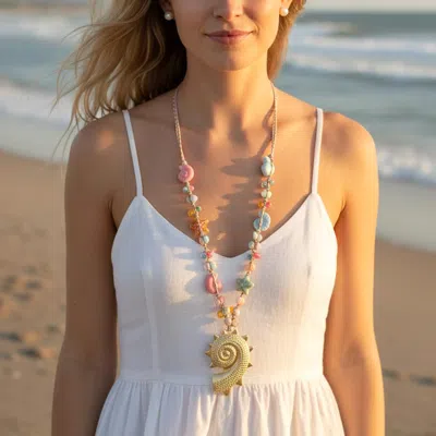 Fashnzfab Spiral Shell Pendant Accent Coastal Beaded Adjustable Cinch Pull Tie Statement Long Necklace In Gold