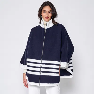 Fashnzfab Sporty Bordered Zip Up Knit Cape Poncho In Blue