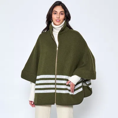 Fashnzfab Sporty Bordered Zip Up Knit Cape Poncho In Green