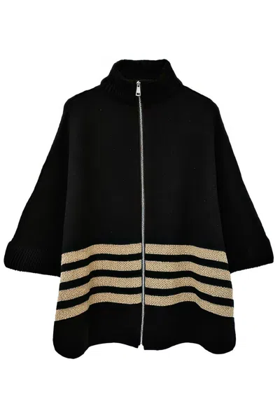 Fashnzfab Sporty Bordered Zip Up Knit Kimono In Black