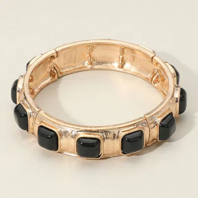 Fashnzfab Square Bead Embellished Hammered Metal Stretch Bracelet Black In Silver