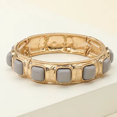 Fashnzfab Square Bead Embellished Hammered Metal Stretch Bracelet In Gold