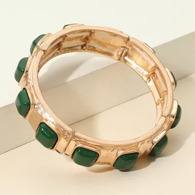 Fashnzfab Square Bead Embellished Hammered Metal Stretch Bracelet Green