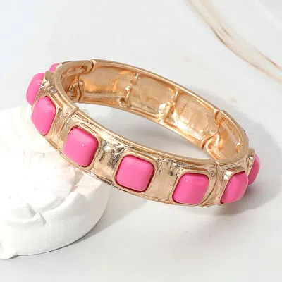 Fashnzfab Square Bead Embellished Hammered Metal Stretch Bracelet Pink