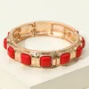 Fashnzfab Square Bead Embellished Hammered Metal Stretch Bracelet Red In Gold