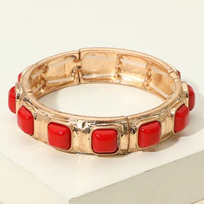 Fashnzfab Square Bead Embellished Hammered Metal Stretch Bracelet Red In Gold