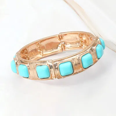 Fashnzfab Square Bead Embellished Hammered Metal Stretch Bracelet Turquoise In Blue