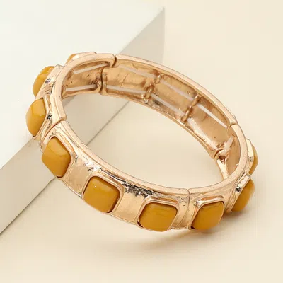 Fashnzfab Square Bead Embellished Hammered Metal Stretch Bracelet In Gold