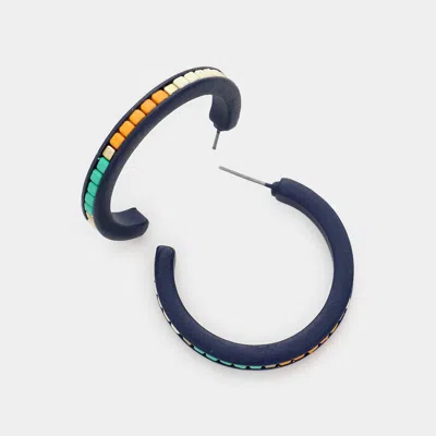 Fashnzfab Square Bead Embellished Hoop Earrings - Navy, Worn Gold In Multi