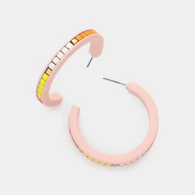 Fashnzfab Square Bead Embellished Hoop Earrings - Pink, Worn Gold