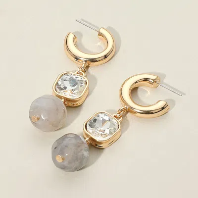 Fashnzfab Square Crystal Bezel Natural Stone Drop Link Dangle Earrings - Gray In Metallic