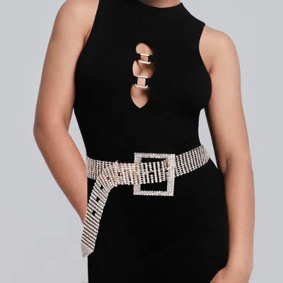 Fashnzfab Square Crystal Rhinestone Buckle Accented Belt In Neutral