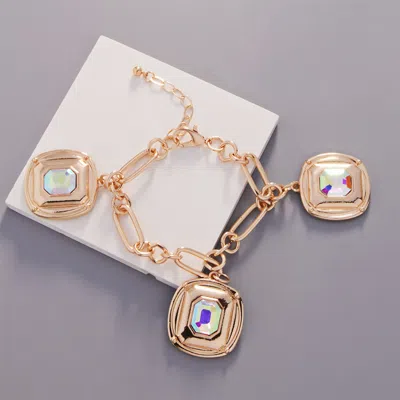 Fashnzfab Square Crystal Stone Cluster Charm Bracelet Gold