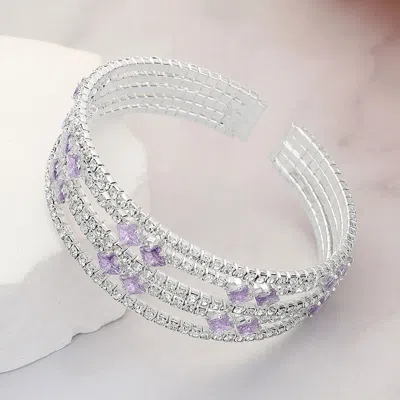 Fashnzfab Square Cut Cz Stone Accented Evening Bracelet Clear, Silver, Violet In Multi