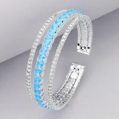 Fashnzfab Square Cut Cz Stone Accented Split Evening Bracelet Clear, Silver, Turquoise In Blue