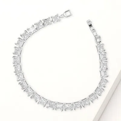 Fashnzfab Square Cut Cz Stone Tennis Bracelet Clear, Silver In Multi