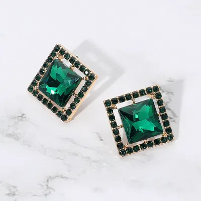 Fashnzfab Square Cut Gemstone Framed Evening Stud Earrings In Green
