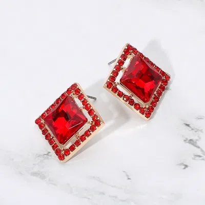 Fashnzfab Square Cut Gemstone Framed Evening Stud Earrings In Red