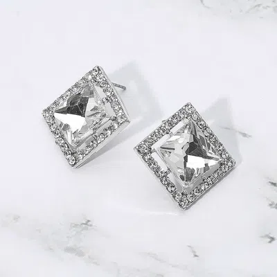 Fashnzfab Square Cut Gemstone Framed Evening Stud Earrings In Silver