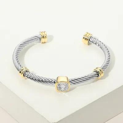 Fashnzfab Square Cz Bezel Accent Two Tone Twisted Cable Cuff Bracelet In Silver