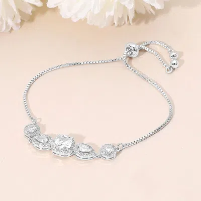 Fashnzfab Square Cz Cushion Center Teardrop Round Stone Link Adjustable Evening Bracelet - Clear, Silver