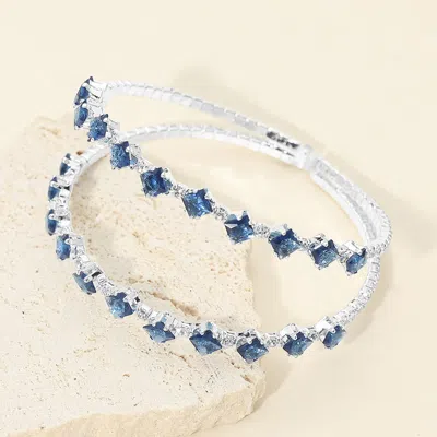 Fashnzfab Square Cz Double Row Adjustable Evening Cuff Bracelet In Blue