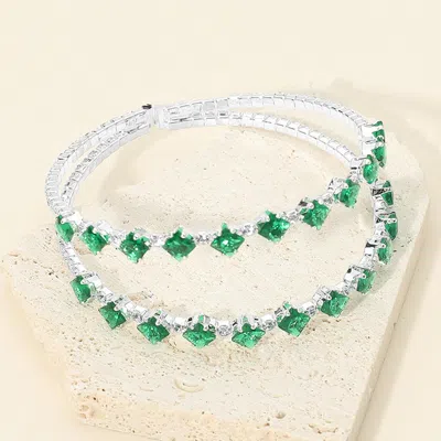 Fashnzfab Square Cz Double Row Adjustable Evening Cuff Bracelet In Green