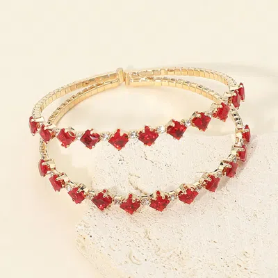 Fashnzfab Square Cz Double Row Adjustable Evening Cuff Bracelet In Red