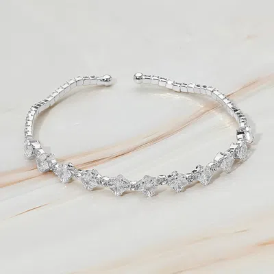 Fashnzfab Square Cz Stone Cluster Accent Cuff Bracelet Clear, Silver In Multi