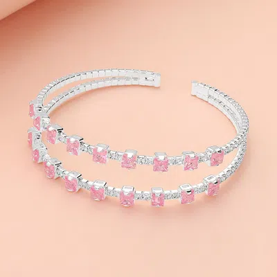 Fashnzfab Square Cz Stone Cluster Accented Split Adjustable Evening Bracelet Pink, Silver In Multi