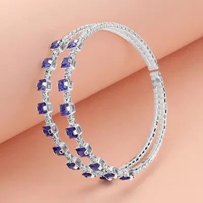 Fashnzfab Square Cz Stone Cluster Accented Split Adjustable Evening Bracelet Sapphire, Silver In Multi