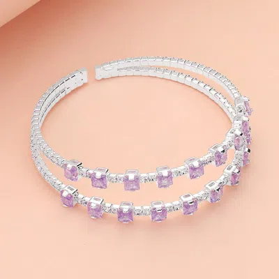 Fashnzfab Square Cz Stone Cluster Accented Split Adjustable Evening Bracelet Silver, Violet In Multi