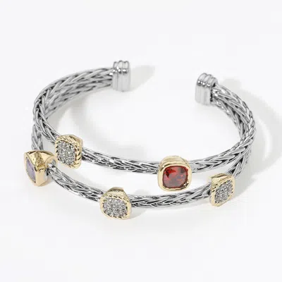 Fashnzfab Square Cz Stone Cluster Pointed Triple Cable Split Cuff Bracelet - Multi In Metallic