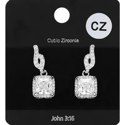 Fashnzfab Square Cz Stone Dangle Evening Earrings - Clear, Rhodium In Metallic