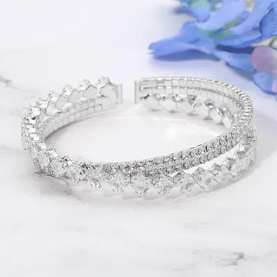 Fashnzfab Square Cz Stone Dual Row Adjustable Evening Cuff Bracelet - Clear, Silver In Multi