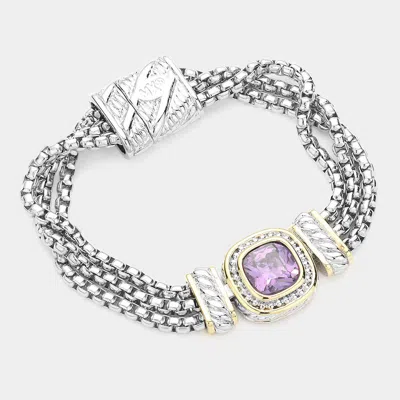 Fashnzfab Square Cz Stone Magnetic Bracelet Amethyst, Rhodium In Multi