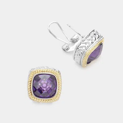Fashnzfab Square Cz Stone Omega Clip Evening Earrings - Amethyst In Purple