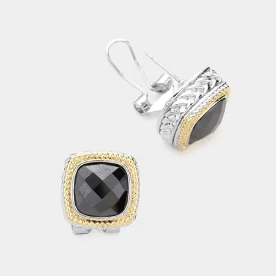 Fashnzfab Square Cz Stone Omega Clip Evening Earrings In Black