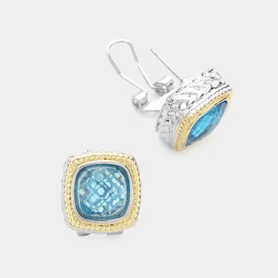Fashnzfab Square Cz Stone Omega Clip Evening Earrings In Blue