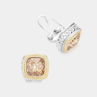 Fashnzfab Square Cz Stone Omega Clip Evening Earrings In Gold