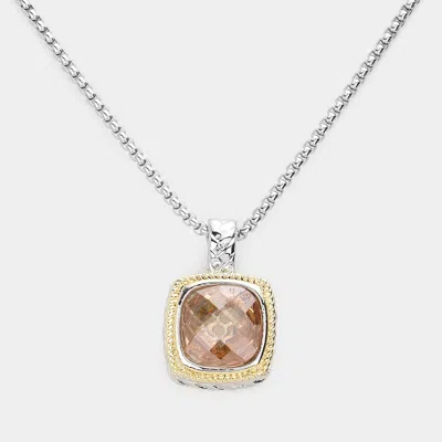 Fashnzfab Square Cz Stone Pendant Necklace In Pink
