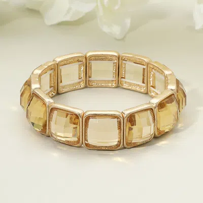 Fashnzfab Square Faceted Gemstone Frame Beaded Stretch Bracelet Brown, Worn Gold