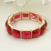 Fashnzfab Square Faceted Gemstone Frame Beaded Stretch Bracelet Dark, Fuchsia, Worn Gold In Red