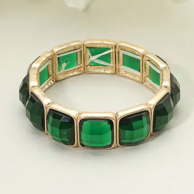 Fashnzfab Square Faceted Gemstone Frame Beaded Stretch Bracelet Emerald, Worn Gold In Multi