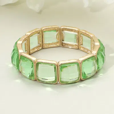 Fashnzfab Square Faceted Gemstone Frame Beaded Stretch Bracelet Green, Light, Worn Gold