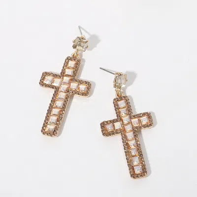 Fashnzfab Square Glass Stone Cross Dangle Earrings - Gold, Lt Col Topaz