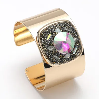 Fashnzfab Square Glass Stone Embellished Bling Studded Pointed Cuff Bracelet Ab, Gold In Multi