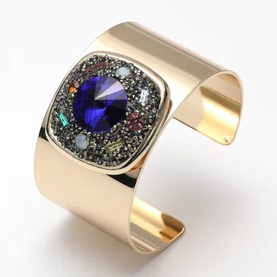 Fashnzfab Square Glass Stone Embellished Bling Studded Pointed Cuff Bracelet Blue, Gold In Multi